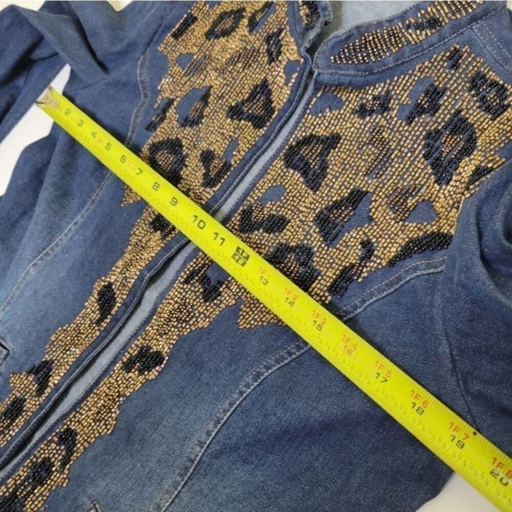 CHICO'S BEADED LEOPARD EMBELLISHED STRETCH DENIM JACKET BLUE BROWN TAN 1 medium - Picture 2 of 9